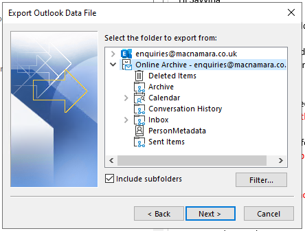 Choose the top of the Archive and tick Include Subfolders