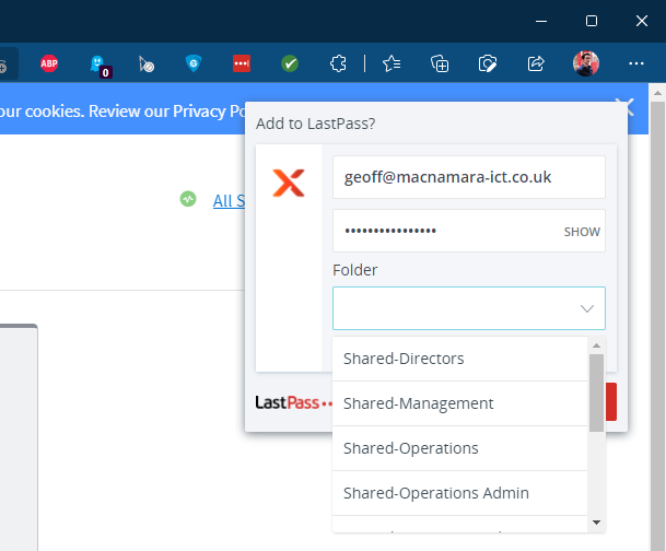 Choose where to save new passwords, either in your personal vault or shared folder