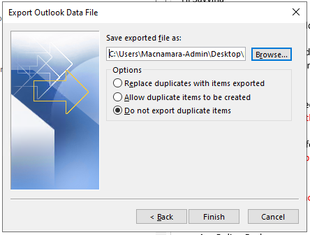 Choose a location to export without duplicates