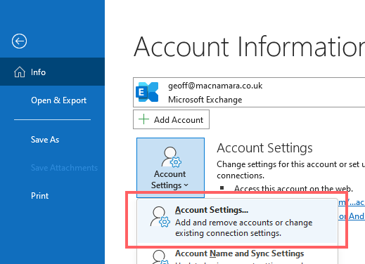 Go to File > Account Settings
