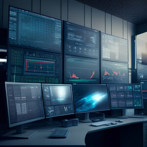 3d rendering of computer monitors with stock market data on the display