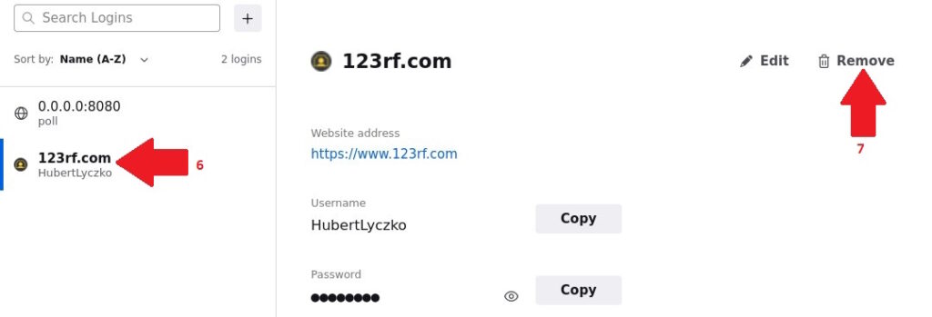 Select the password then choose Remove