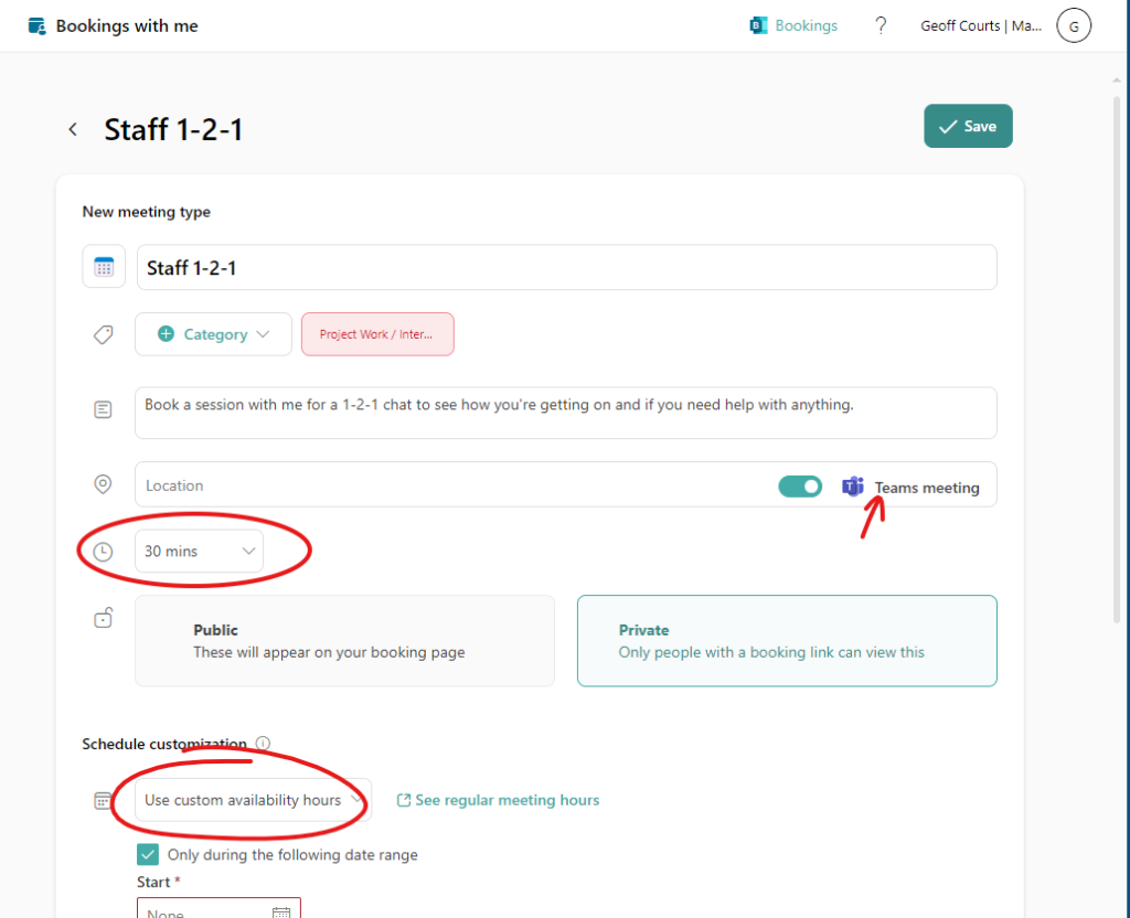 Enter the basic details such as name, duration, and whether it's a Teams meeting